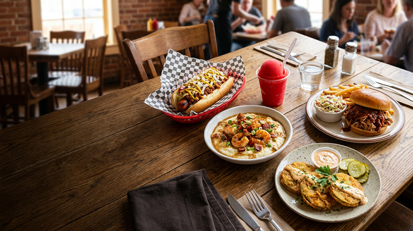 Local dishes on a wooden restaurant table